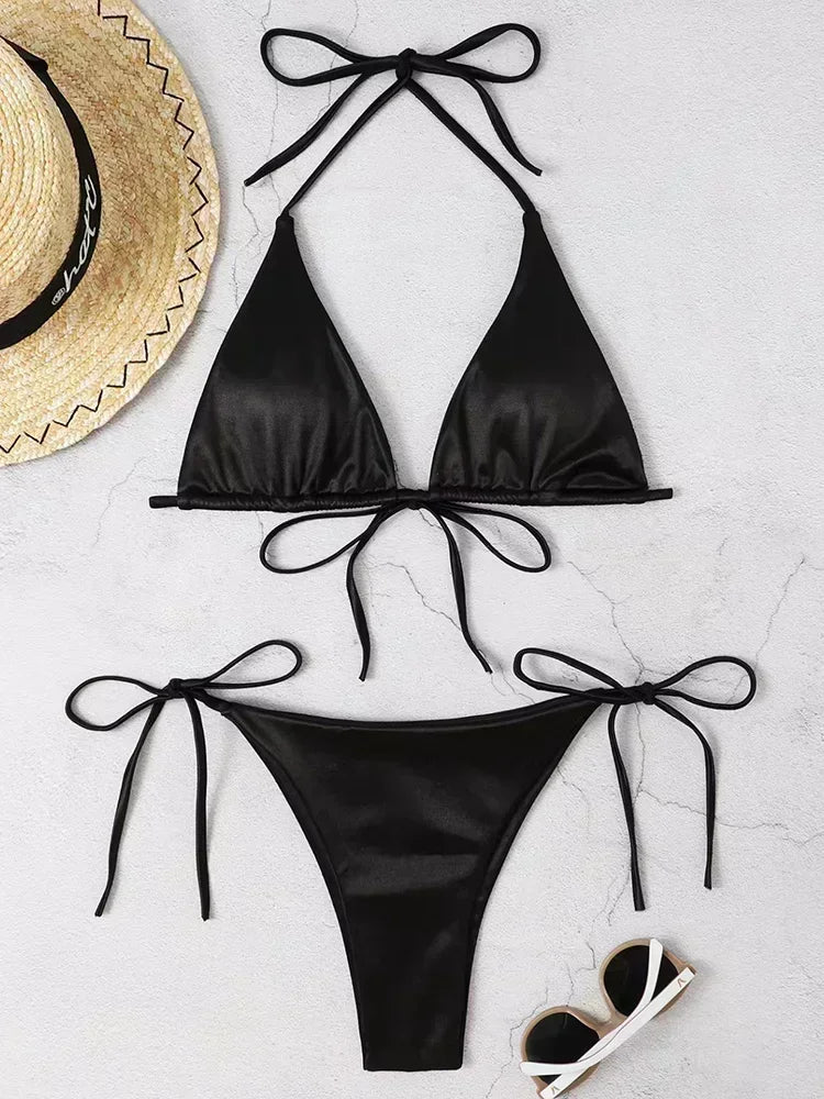 Halter Brazilian Metallic Satin Bikini Women Swimwear Female Swimsuit Two-pieces Bikini Set High Cut Bathing Suit Swim Beachwear - Swift Odyssey