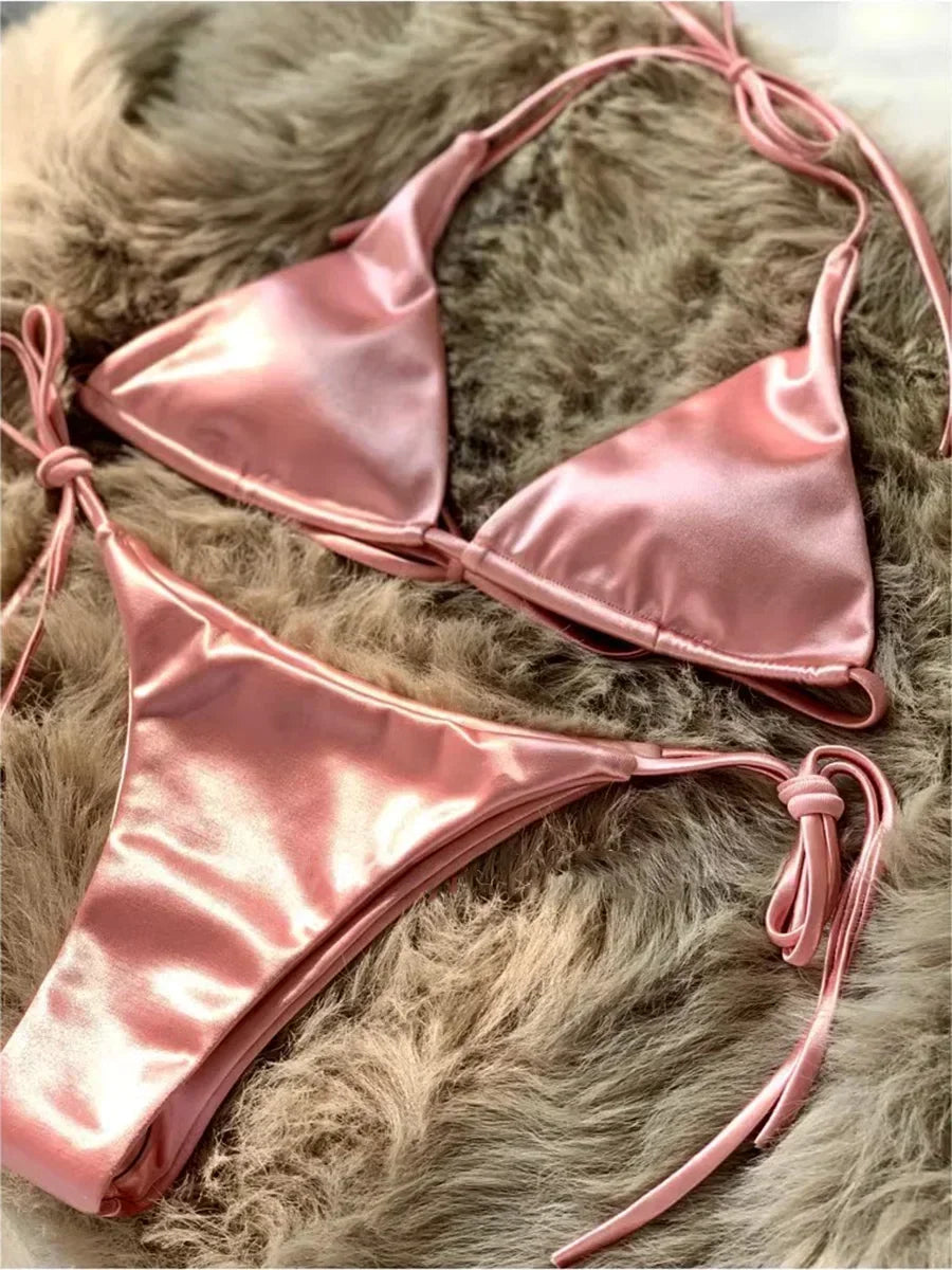 Halter Brazilian Metallic Satin Bikini Women Swimwear Female Swimsuit Two-pieces Bikini Set High Cut Bathing Suit Swim Beachwear - Swift Odyssey
