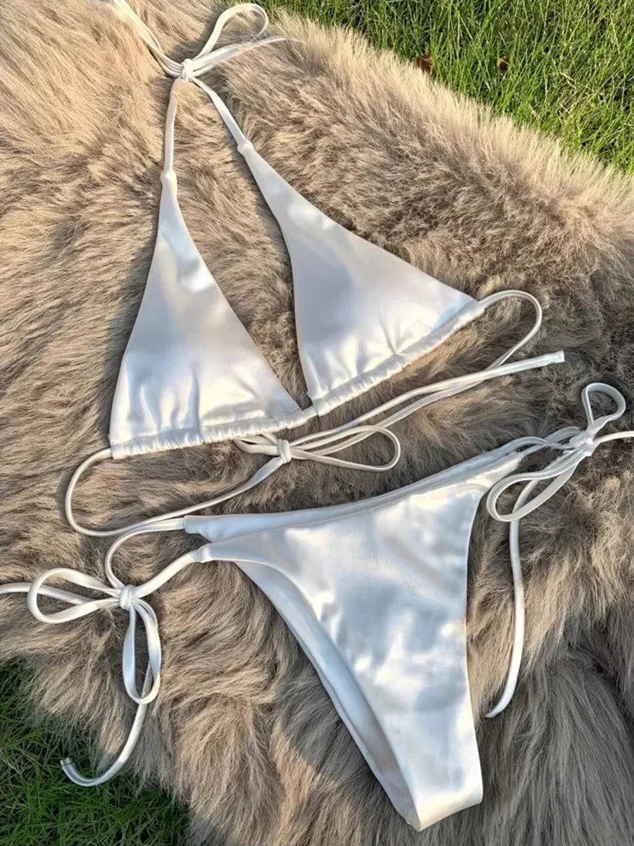 Halter Brazilian Metallic Satin Bikini Women Swimwear Female Swimsuit Two-pieces Bikini Set High Cut Bathing Suit Swim Beachwear - Swift Odyssey
