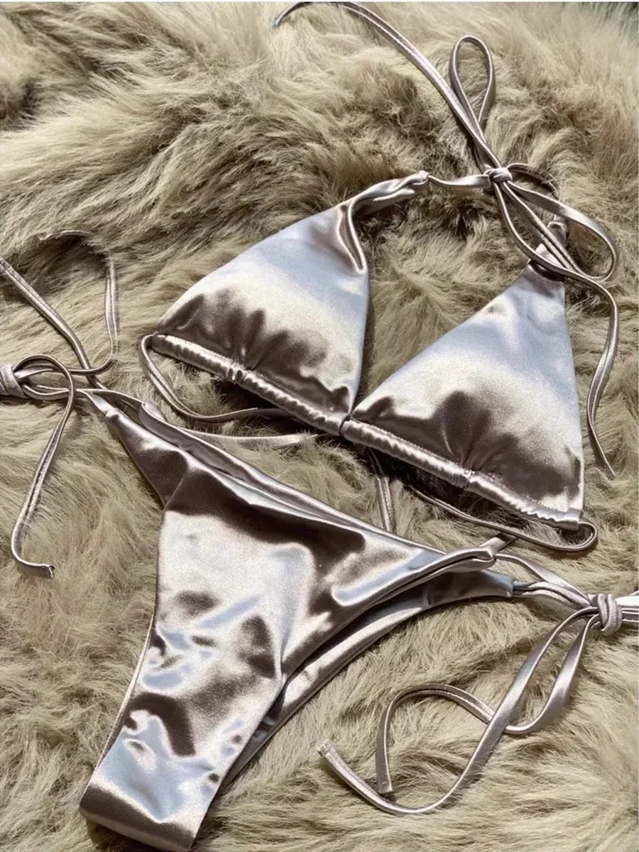 Halter Brazilian Metallic Satin Bikini Women Swimwear Female Swimsuit Two-pieces Bikini Set High Cut Bathing Suit Swim Beachwear - Swift Odyssey