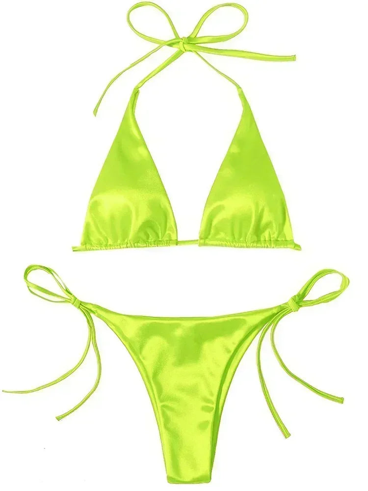 Halter Brazilian Metallic Satin Bikini Women Swimwear Female Swimsuit Two-pieces Bikini Set High Cut Bathing Suit Swim Beachwear - Swift Odyssey