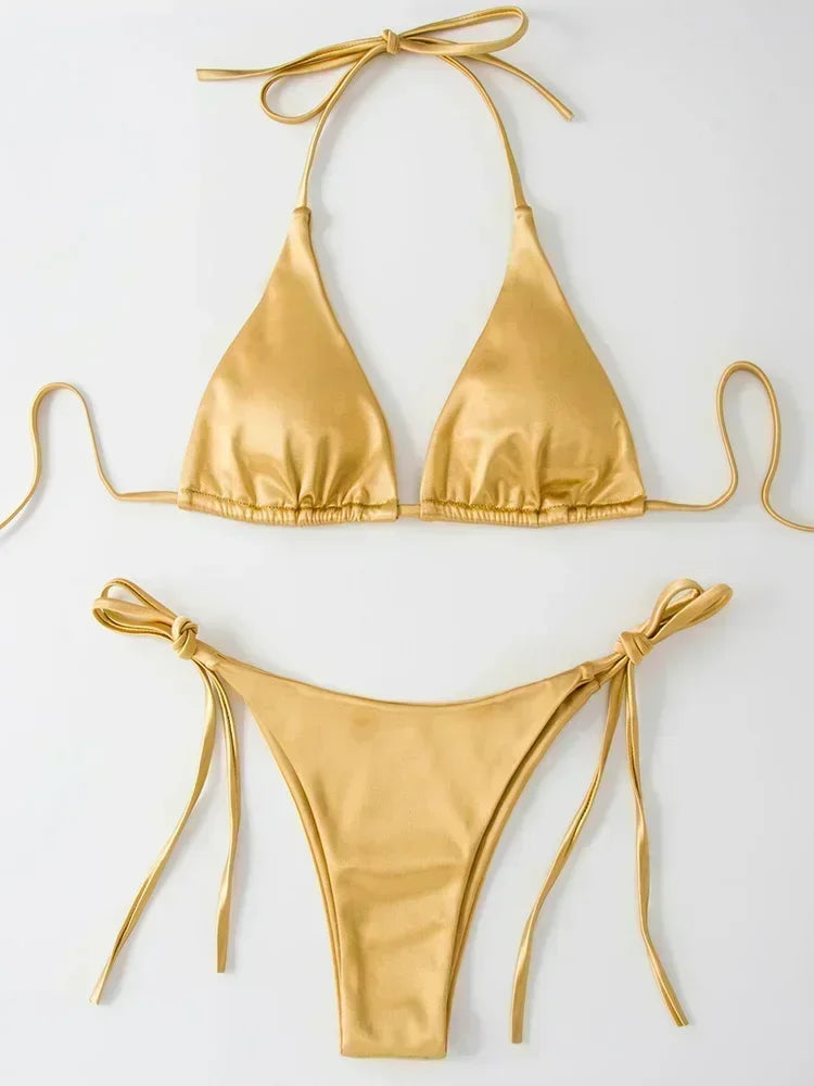 Halter Brazilian Metallic Satin Bikini Women Swimwear Female Swimsuit Two-pieces Bikini Set High Cut Bathing Suit Swim Beachwear - Swift Odyssey