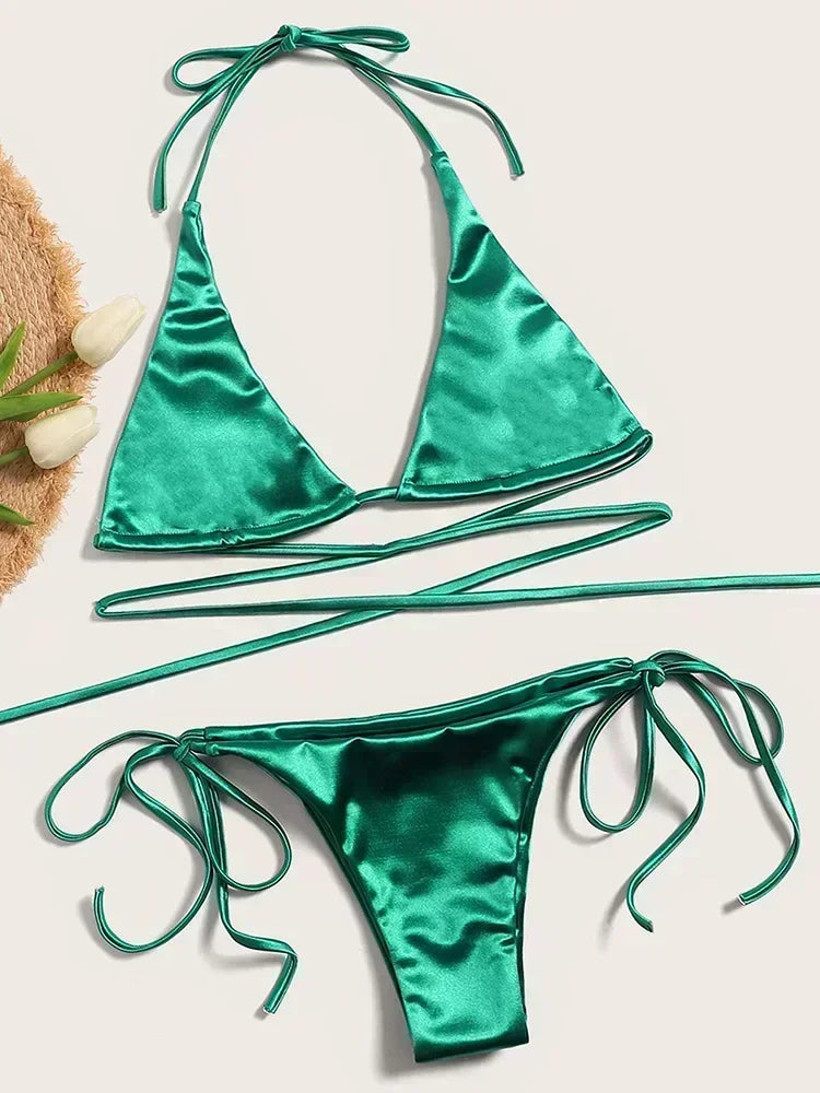 Halter Brazilian Metallic Satin Bikini Women Swimwear Female Swimsuit Two-pieces Bikini Set High Cut Bathing Suit Swim Beachwear - Swift Odyssey
