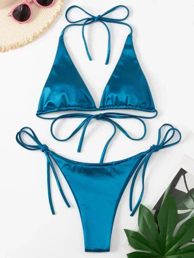 Halter Brazilian Metallic Satin Bikini Women Swimwear Female Swimsuit Two-pieces Bikini Set High Cut Bathing Suit Swim Beachwear - Swift Odyssey