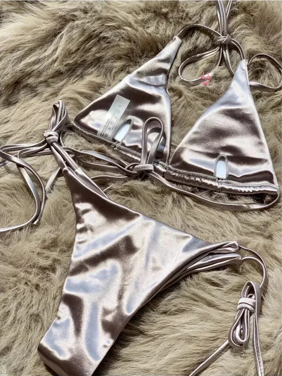Halter Brazilian Metallic Satin Bikini Women Swimwear Female Swimsuit Two-pieces Bikini Set High Cut Bathing Suit Swim Beachwear - Swift Odyssey
