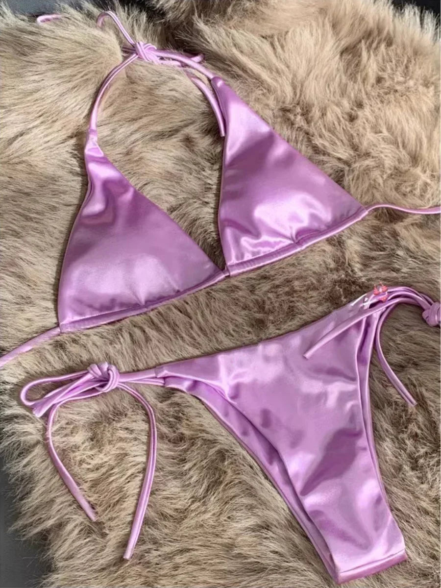Halter Brazilian Metallic Satin Bikini Women Swimwear Female Swimsuit Two-pieces Bikini Set High Cut Bathing Suit Swim Beachwear - Swift Odyssey