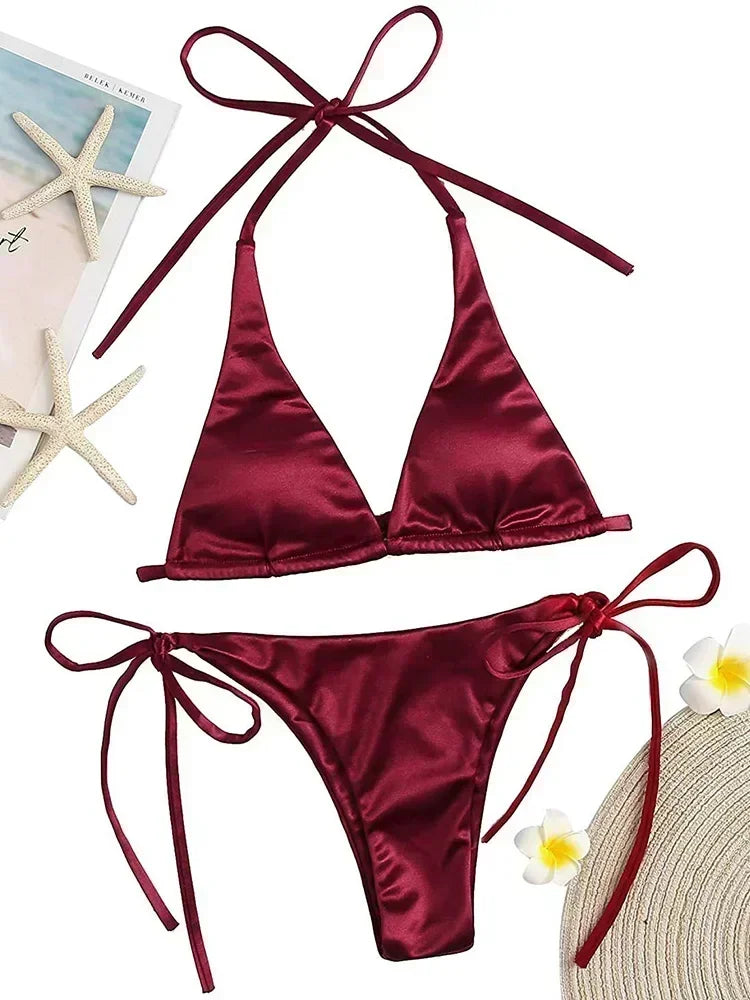 Halter Brazilian Metallic Satin Bikini Women Swimwear Female Swimsuit Two-pieces Bikini Set High Cut Bathing Suit Swim Beachwear - Swift Odyssey