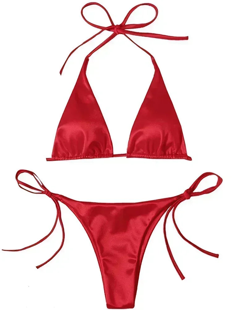 Halter Brazilian Metallic Satin Bikini Women Swimwear Female Swimsuit Two-pieces Bikini Set High Cut Bathing Suit Swim Beachwear - Swift Odyssey