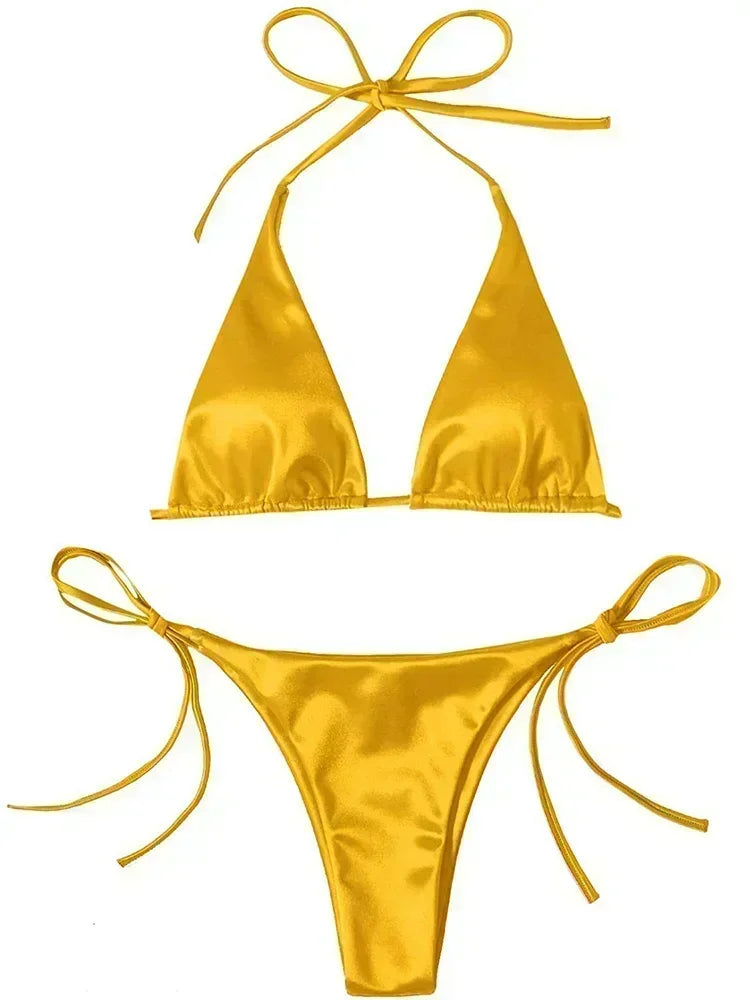 Halter Brazilian Metallic Satin Bikini Women Swimwear Female Swimsuit Two-pieces Bikini Set High Cut Bathing Suit Swim Beachwear - Swift Odyssey