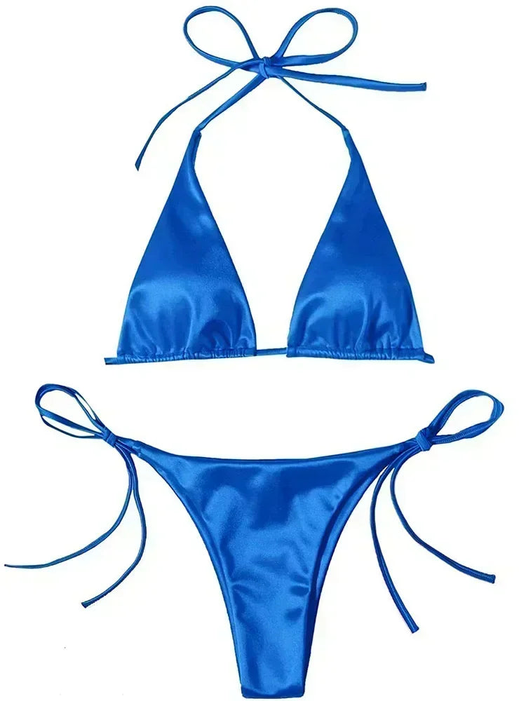 Halter Brazilian Metallic Satin Bikini Women Swimwear Female Swimsuit Two-pieces Bikini Set High Cut Bathing Suit Swim Beachwear - Swift Odyssey