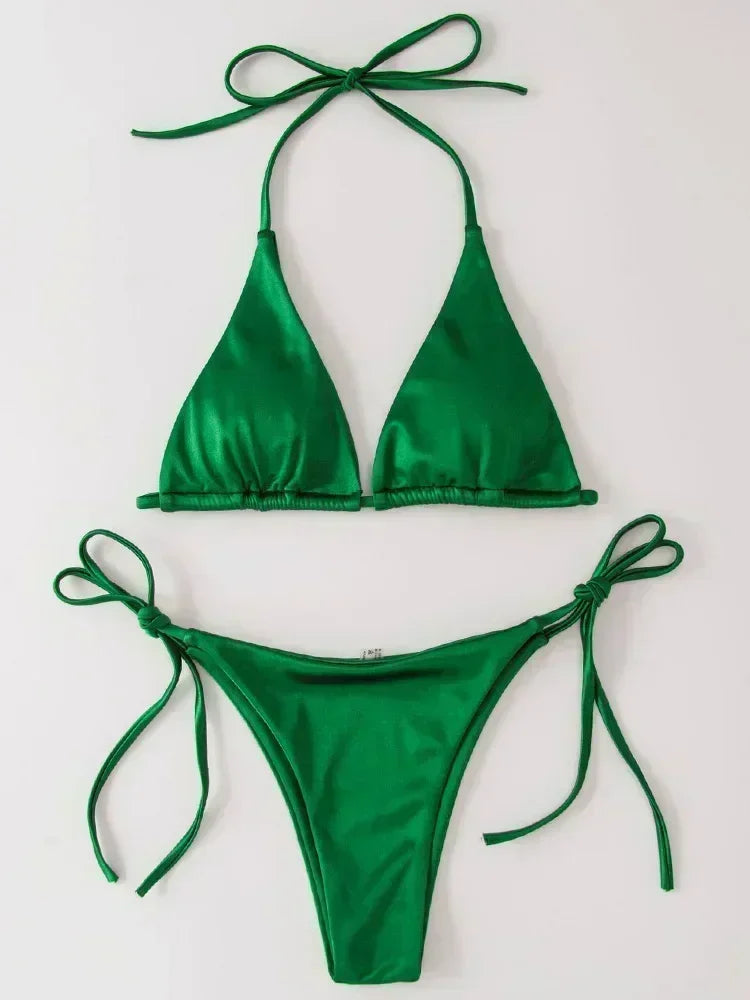 Halter Brazilian Metallic Satin Bikini Women Swimwear Female Swimsuit Two-pieces Bikini Set High Cut Bathing Suit Swim Beachwear - Swift Odyssey