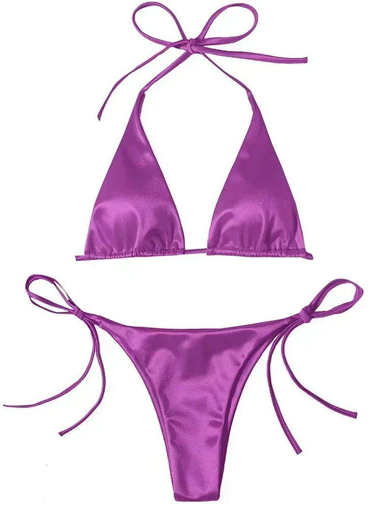 Halter Brazilian Metallic Satin Bikini Women Swimwear Female Swimsuit Two-pieces Bikini Set High Cut Bathing Suit Swim Beachwear - Swift Odyssey