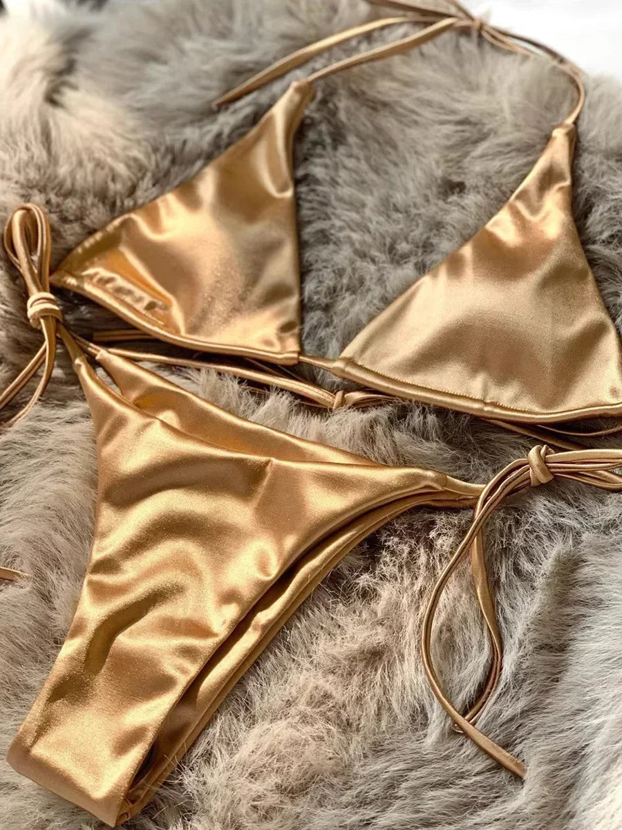 Halter Brazilian Metallic Satin Bikini Women Swimwear Female Swimsuit Two-pieces Bikini Set High Cut Bathing Suit Swim Beachwear - Swift Odyssey