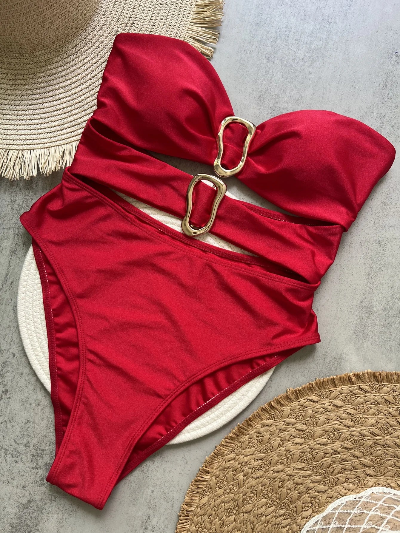 Red Hollow Out Swimwear One Piece sexy Swimsuits Women Strapless Bathing Swimming Suit Wear Bather One-Piece Suits - Swift Odyssey