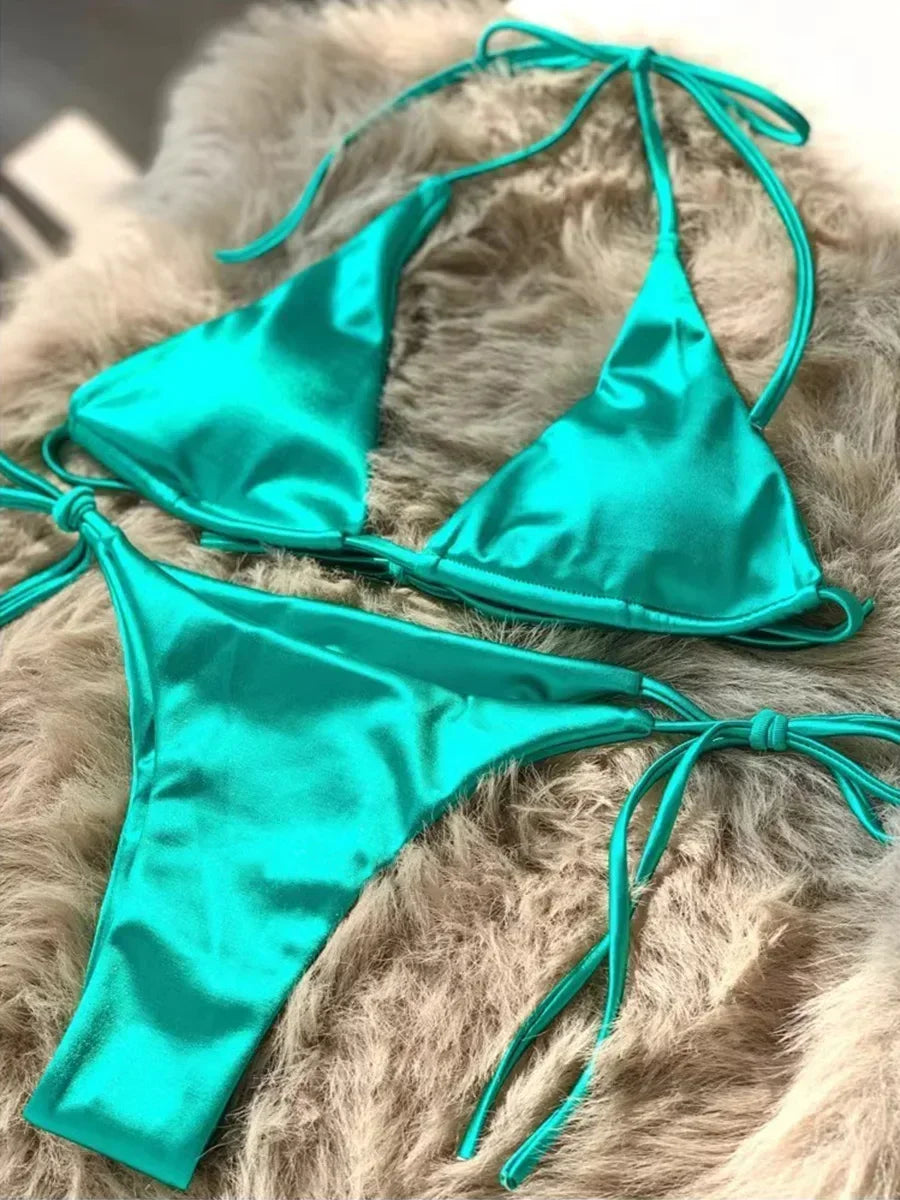 Halter Brazilian Metallic Satin Bikini Women Swimwear Female Swimsuit Two-pieces Bikini Set High Cut Bathing Suit Swim Beachwear - Swift Odyssey