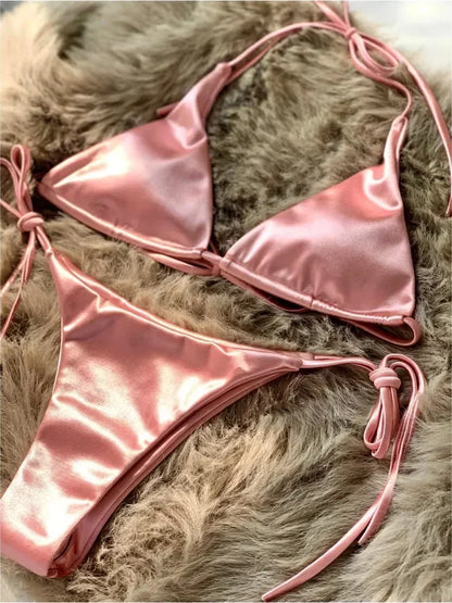 Halter Brazilian Metallic Satin Bikini Women Swimwear Female Swimsuit Two-pieces Bikini Set High Cut Bathing Suit Swim Beachwear - Swift Odyssey