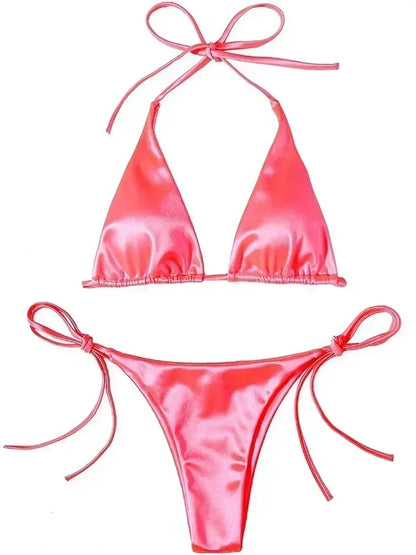 Halter Brazilian Metallic Satin Bikini Women Swimwear Female Swimsuit Two-pieces Bikini Set High Cut Bathing Suit Swim Beachwear - Swift Odyssey