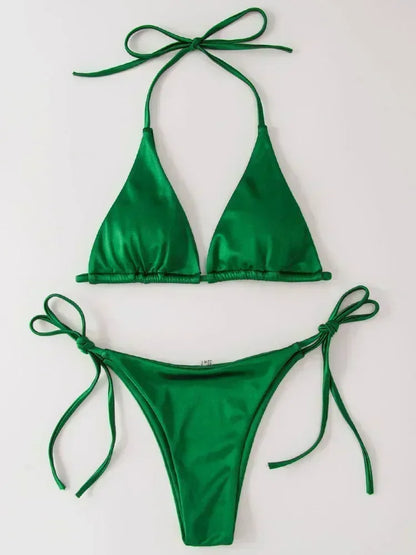 Halter Brazilian Metallic Satin Bikini Women Swimwear Female Swimsuit Two-pieces Bikini Set High Cut Bathing Suit Swim Beachwear - Swift Odyssey